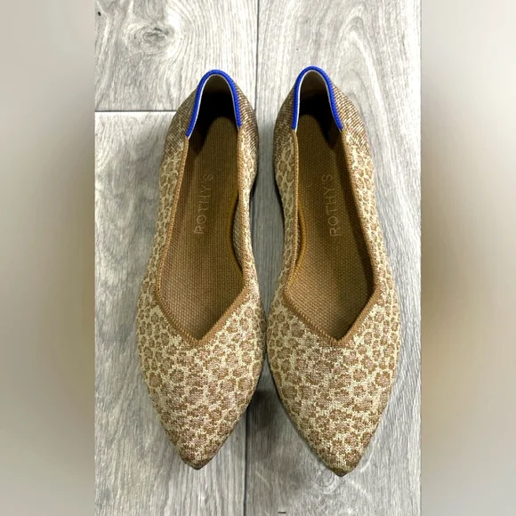 Rothy's Leopard Spotted Brown Cat Animal Print Pointed Flats with Blue Trim 8 - Picture 2 of 6